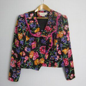 Vtg Richard Warren Womens 10 Black Pink Purple Yellow Floral 100% Silk Blazer M